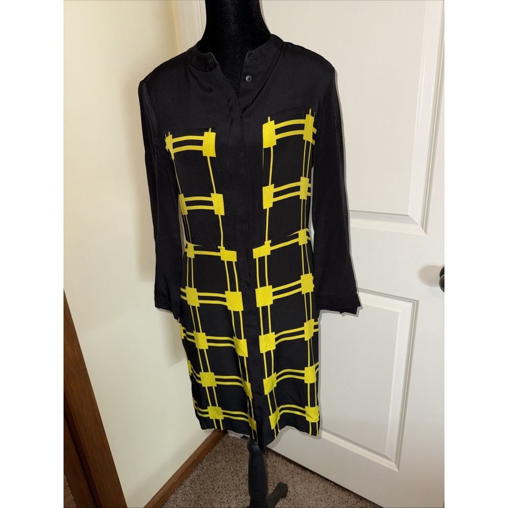 Tibi Silk Button Down Dress‎ Yellow & Black Geometric Pattern Sz 0